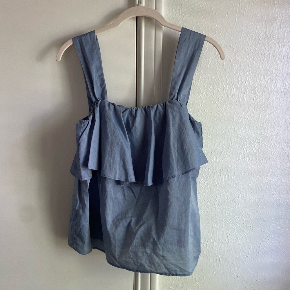 Who What Wear Tiered Chambray Blue Tank Top - Picture 9 of 16